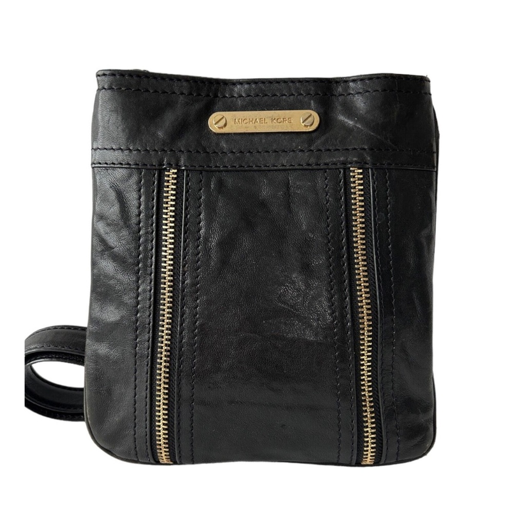 Michael Kors Moxley Black Leather Zipper Detail Crossbody Bag Purse - Picture 1 of 10